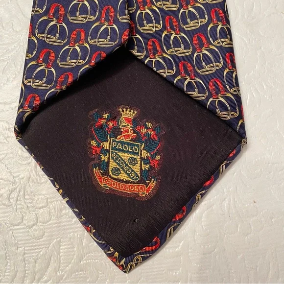 Paolo Gucci Equestrian Navy Blue Red Gold Saddle Stirrups Men’s 100% Silk Tie - Picture 3 of 6